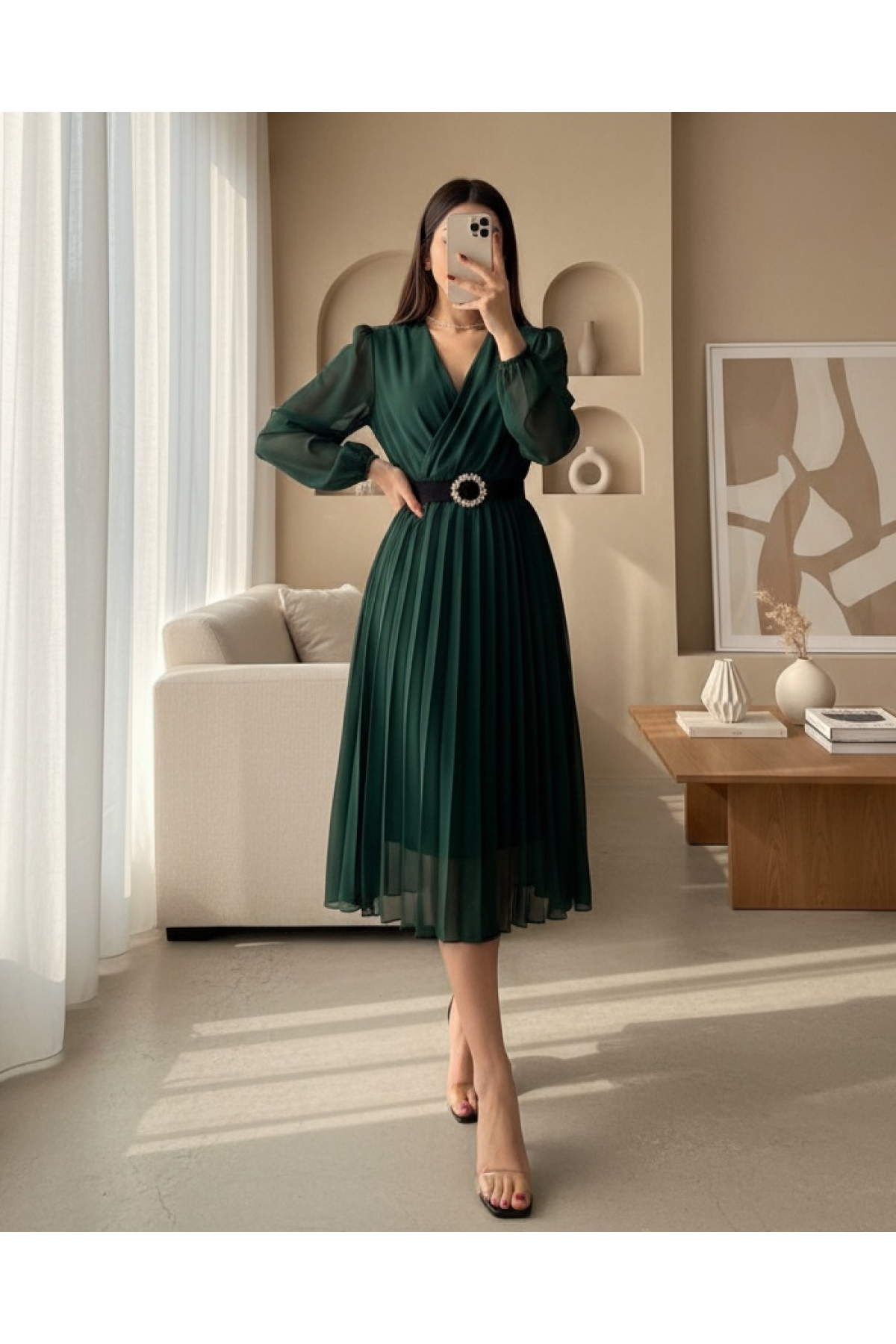 Women's Chiffon Fabric Lined Flared Cut Double Breasted Midi Length Dress detay görseli