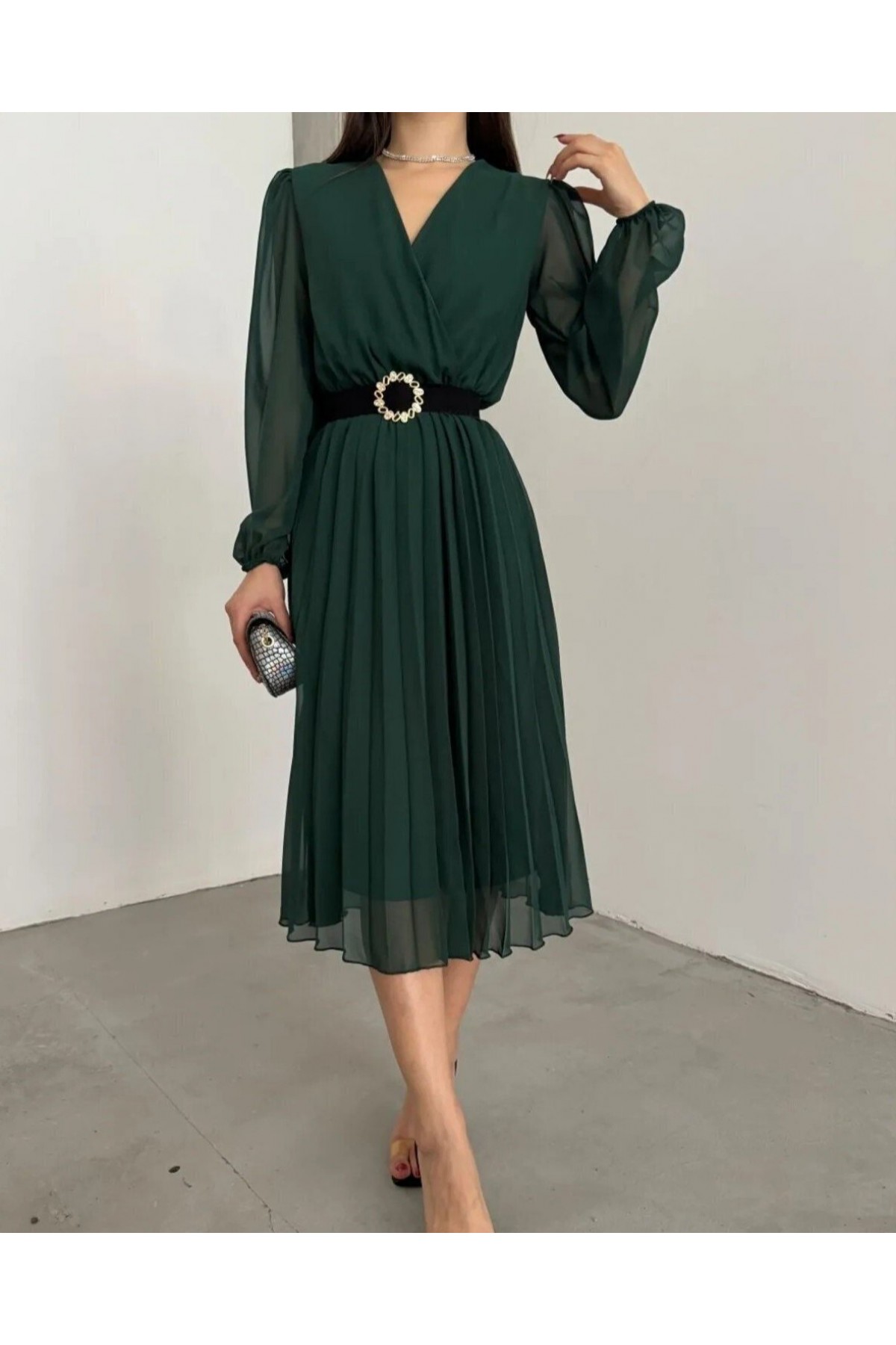 Women's Chiffon Fabric Lined Flared Cut Double Breasted Midi Length Dress