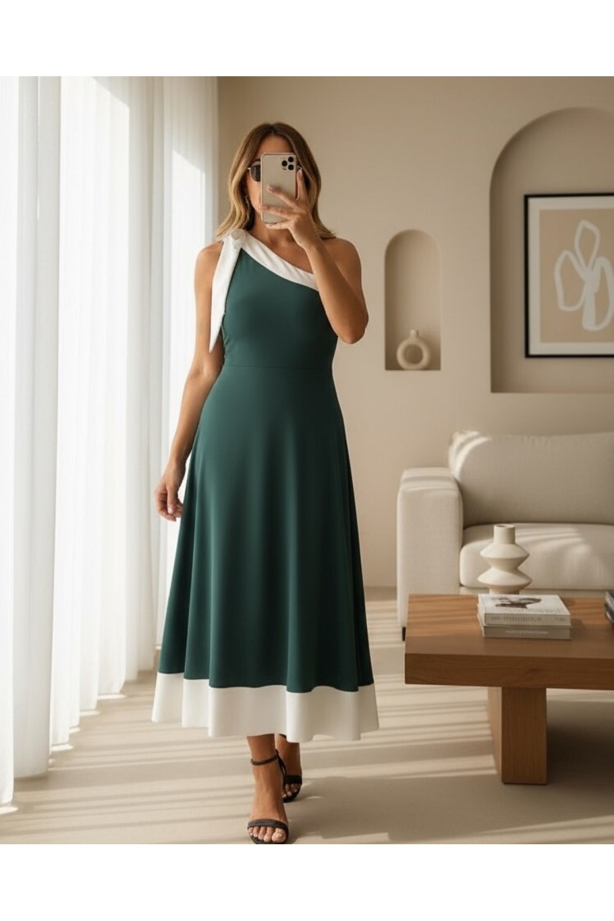 Women's One-Shoulder Off-Shoulder Two-Color Imported Crepe Dress with Ribbon Detail on the Shoulders detay görseli