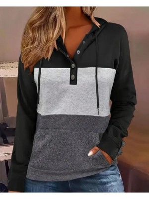 Kadın Uzun Kollu Kapşonlu çok Renkli Iki Iplik Bluz