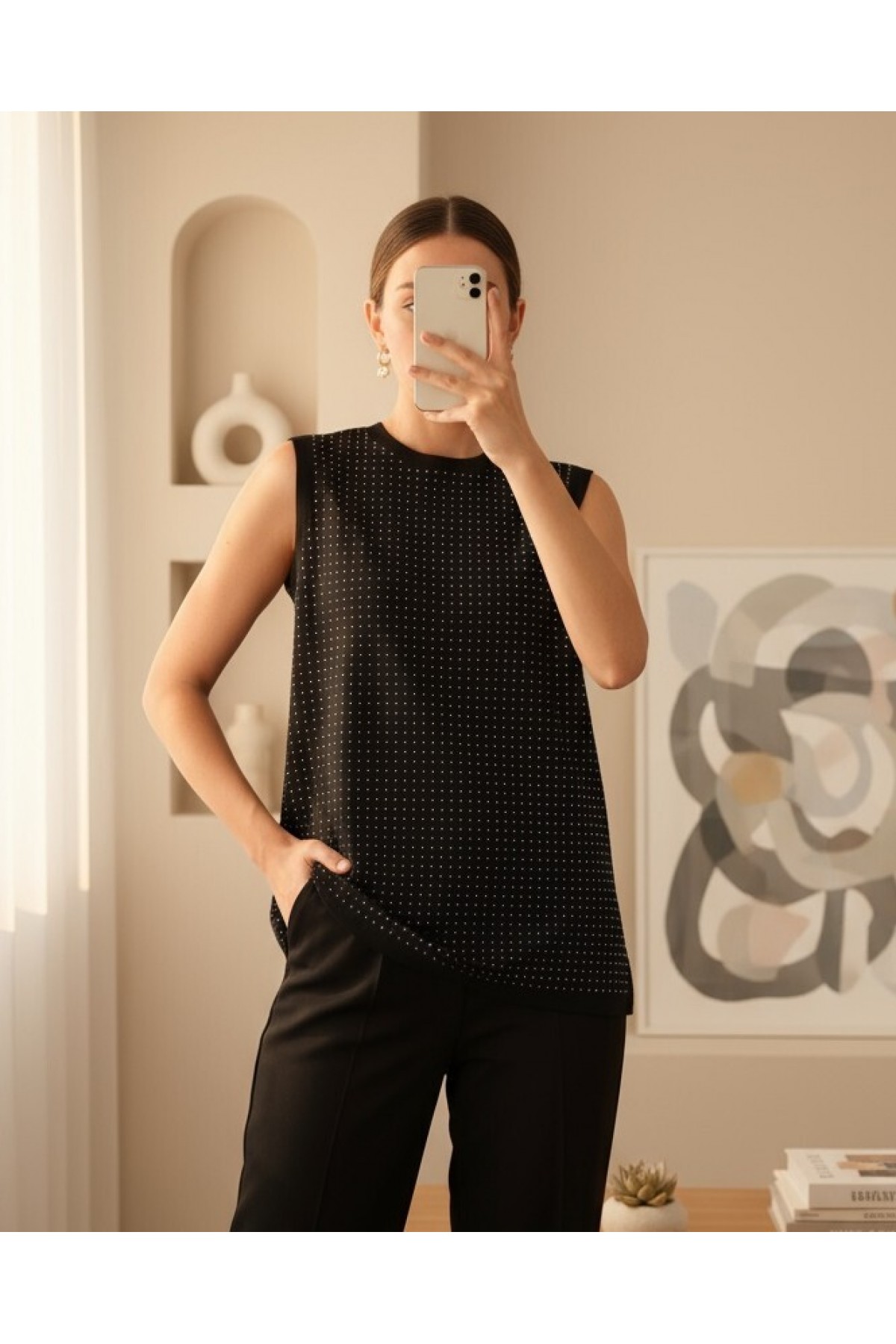 Kadın Sıfır Kol Taşlı Tunik -24S-10525TUN
