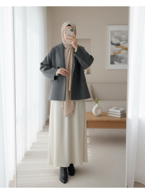 Kadın Kruvaze Yaka Düğmeli Oversize Kaşe Kaban  - 31967KBN