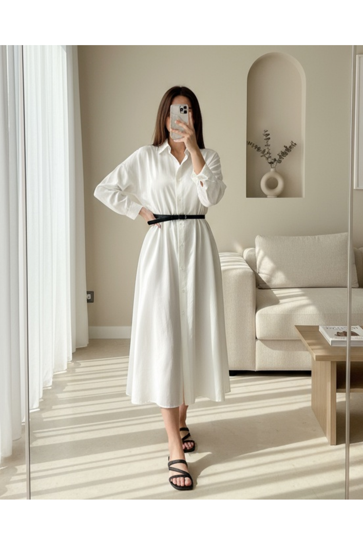 Women's Long Belt Detailed Shirt Dress 