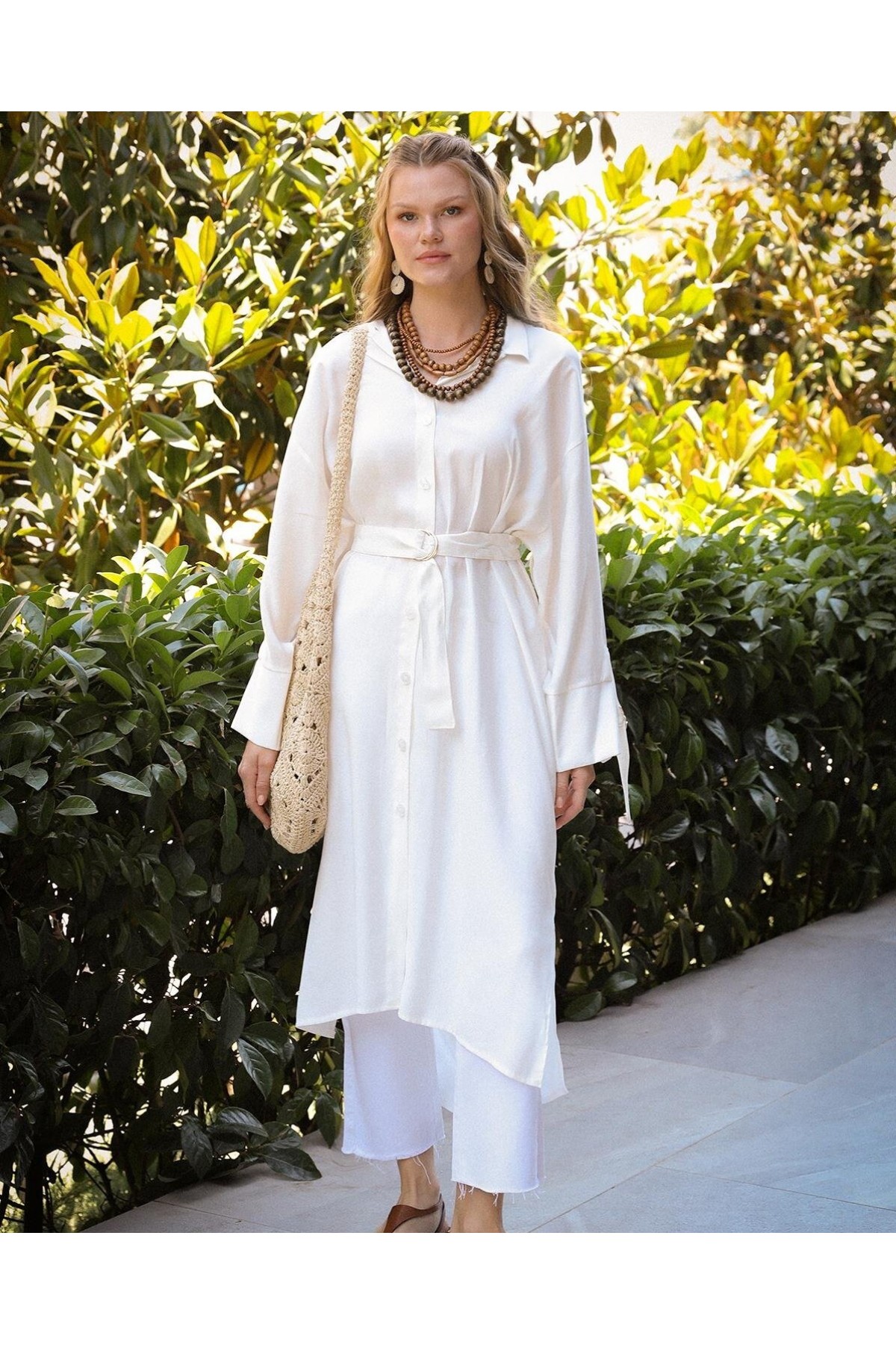 Women's Belted Buttoned Oversize Tunic 
