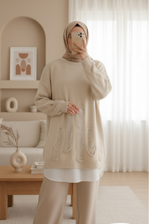 Kadın Yırtıklı Triko Tunik  - 32034TUN