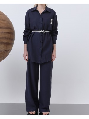 Kadın Kemer Detaylı  Pantolonlu Keten  Takım - 14313TKS