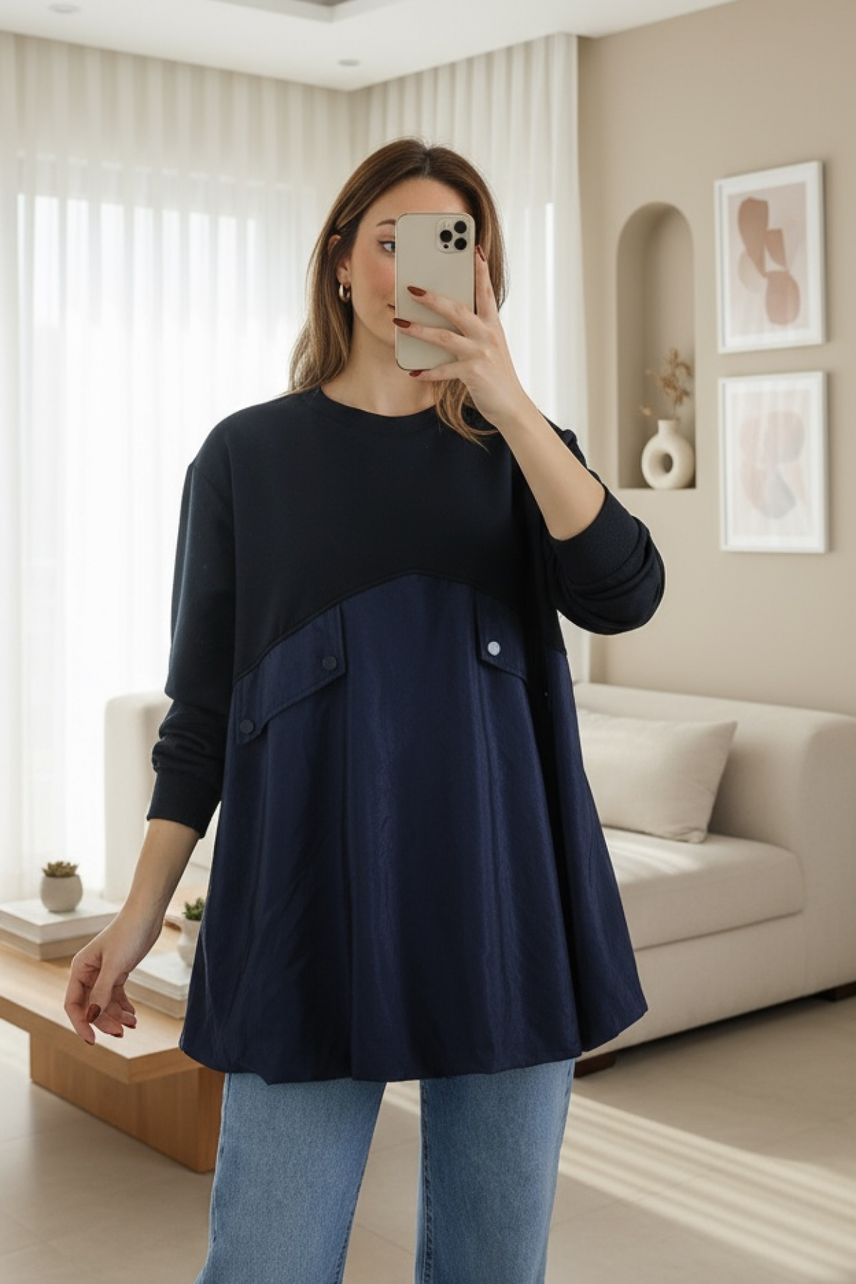 Kadın Cep Kapağı Detaylı Oversize Tunik - 20714TUN