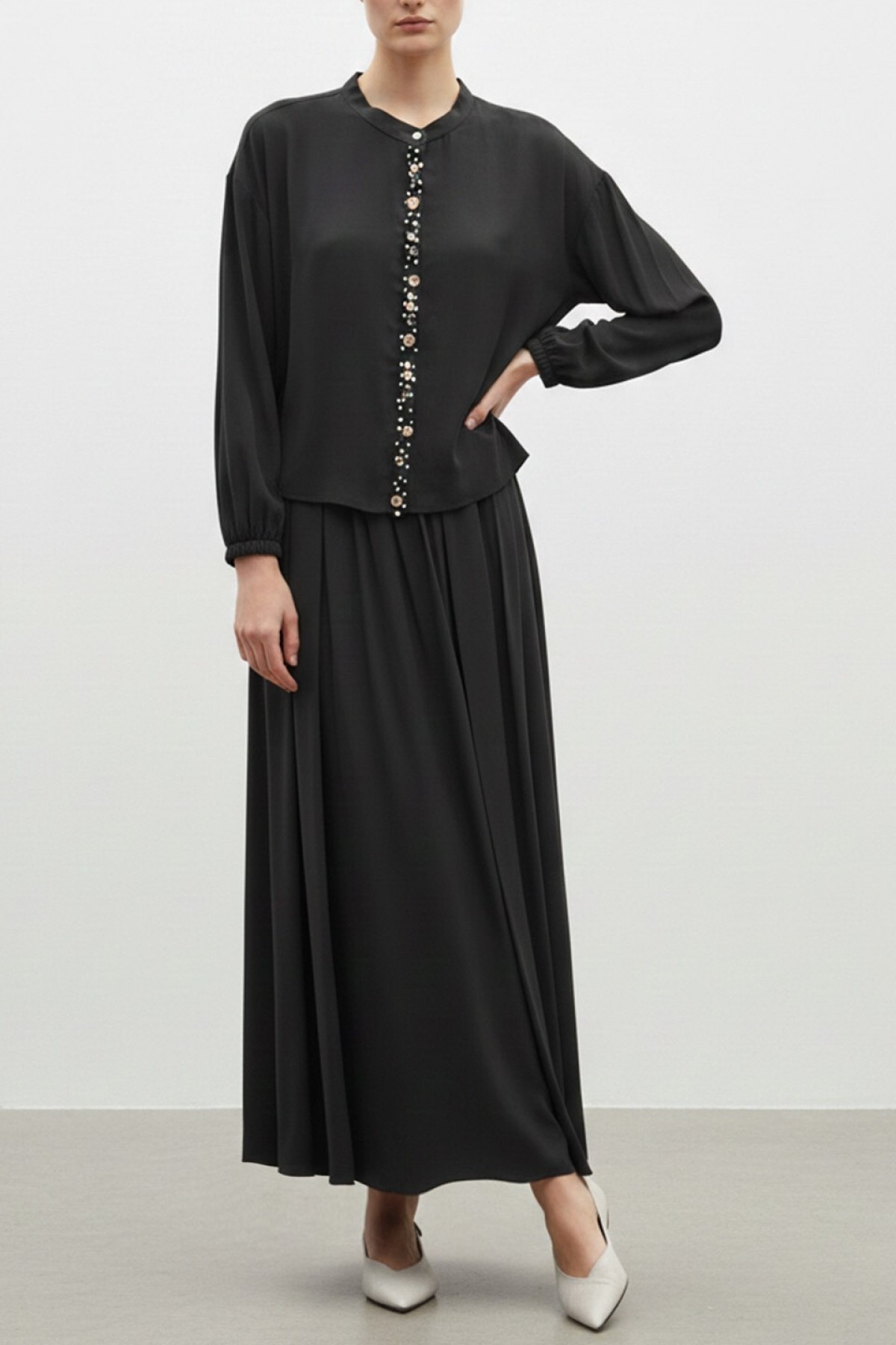 Women's Blouse and Long Skirt Set with Stone Button Details