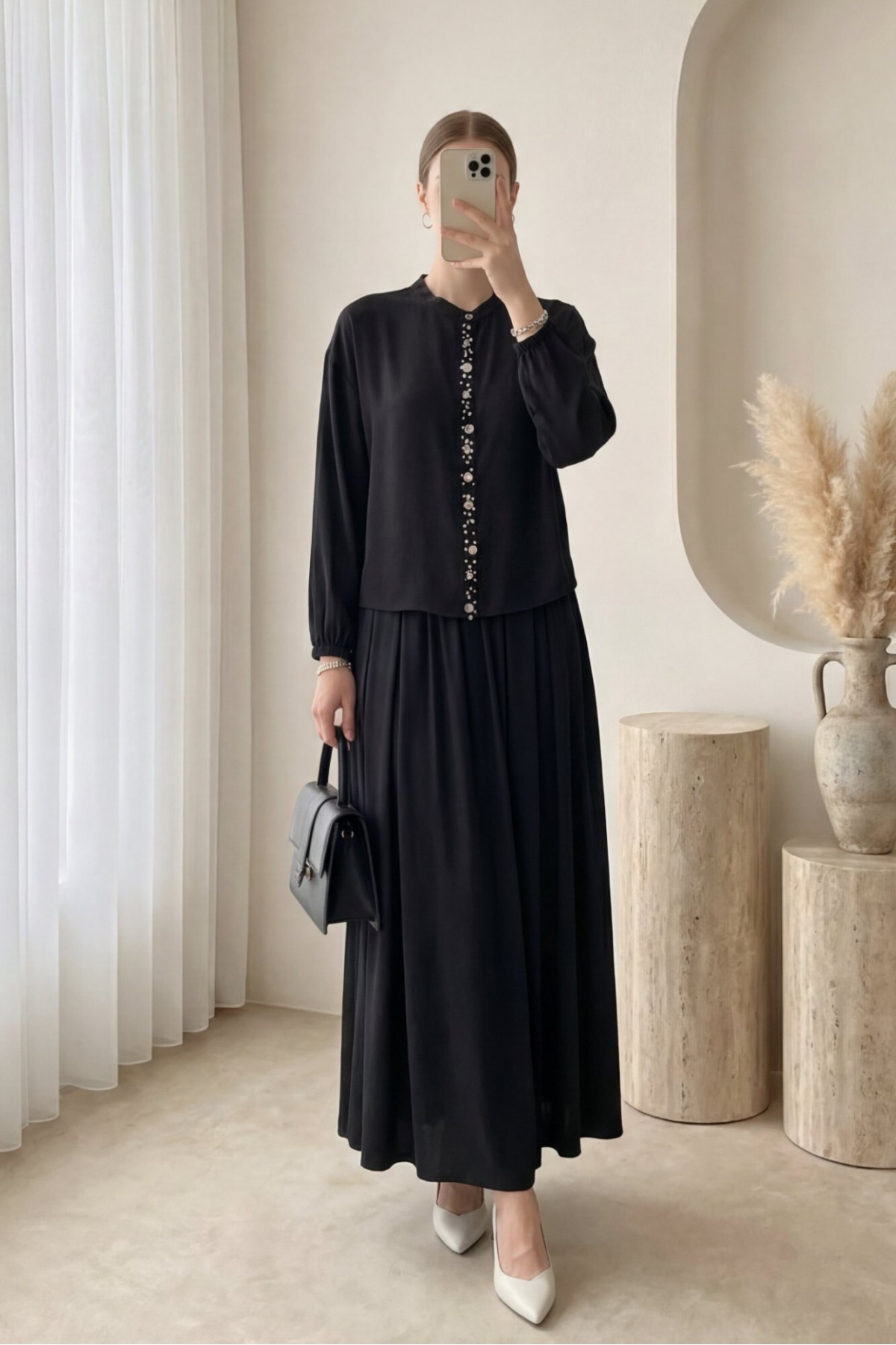 Women's Blouse and Long Skirt Set with Stone Button Details
