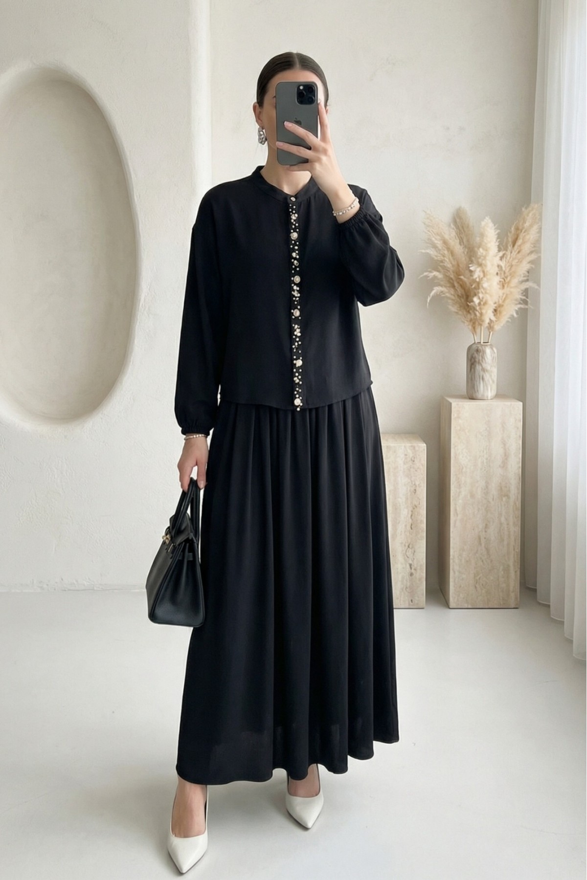 Women's Blouse and Long Skirt Set with Stone Button Details detay görseli