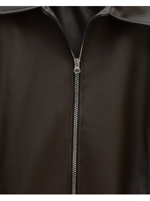 Leather  Jacket with Lining and Waist Fold Detail and Belt -Brown