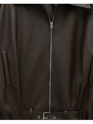 Leather  Jacket with Lining and Waist Fold Detail and Belt -Brown
