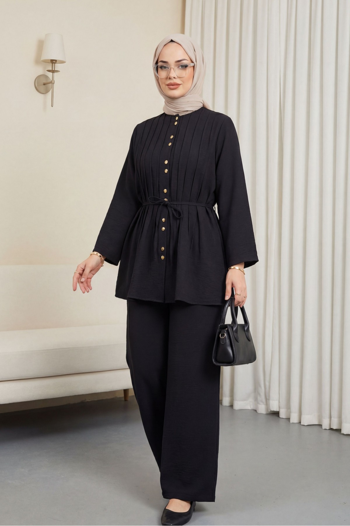 Cupra Suit with Ribbed Front Belted Trousers -Black