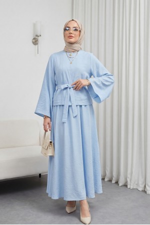 Tek Düğmeli Kemerli Etekli Cupra Takım  -Bebe Mavi