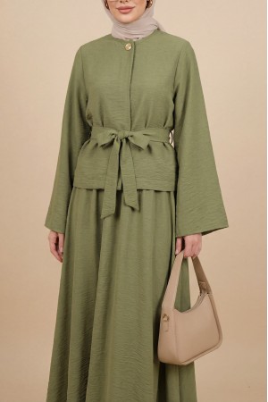 One-Button Belted Skirt Cupra Suit -Cagla Green