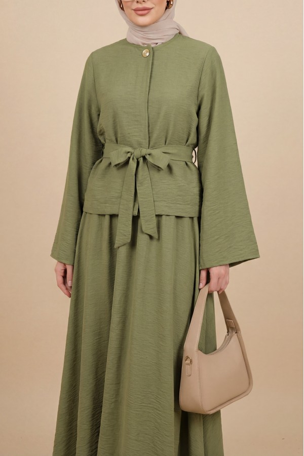 One-Button Belted Skirt Cupra Suit -Cagla Green