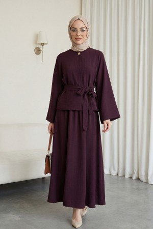 Tek Düğmeli Kemerli Etekli Cupra Takım  -Mürdüm