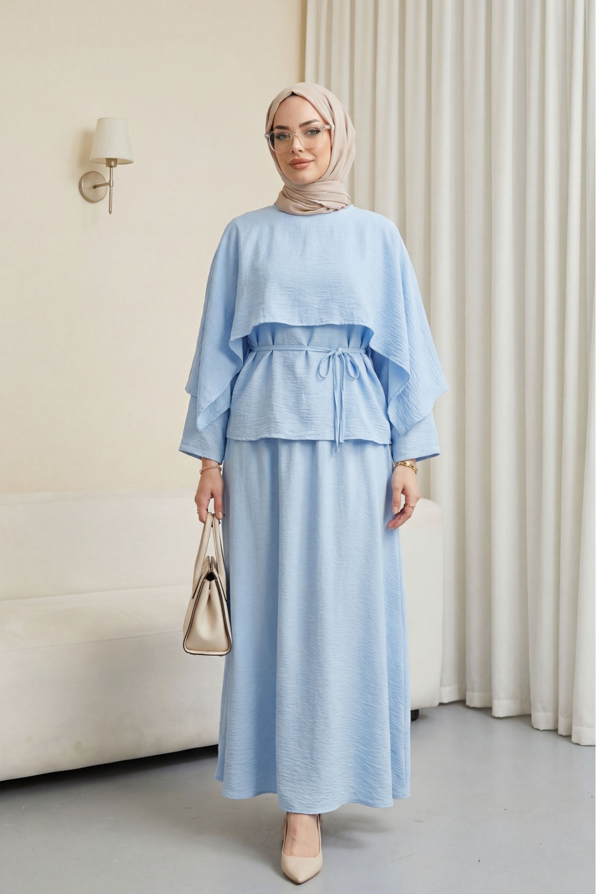 Cape Detail, Belted Skirt Cupra Suit -Baby Blue