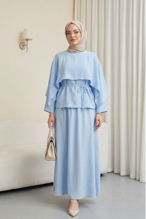 Pelerin Detaylı Beli Bağlamalı Etekli Cupra Takım  -Bebe Mavi