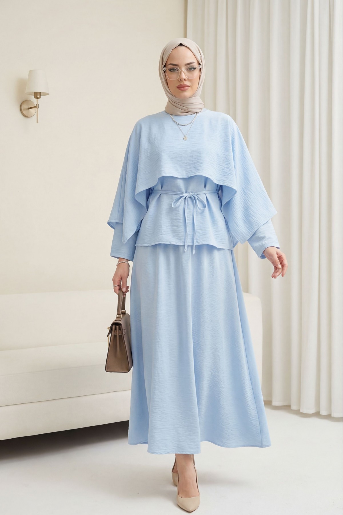 Cape Detail, Belted Skirt Cupra Suit -Baby Blue