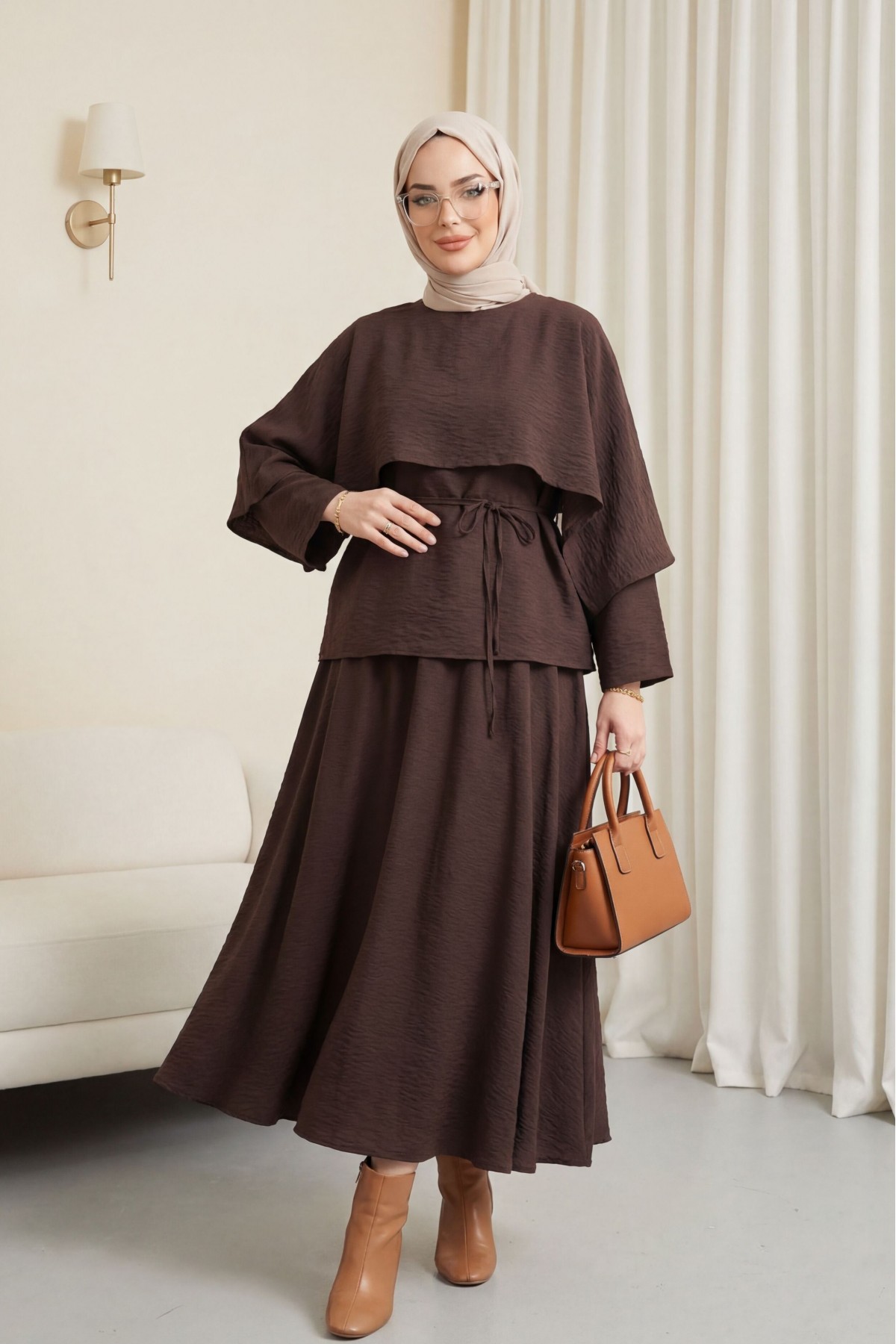 Cape Detail, Belted Skirt Cupra Suit -Dark Coffee