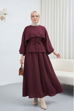 Pelerin Detaylı Beli Bağlamalı Etekli Cupra Takım  -Mürdüm