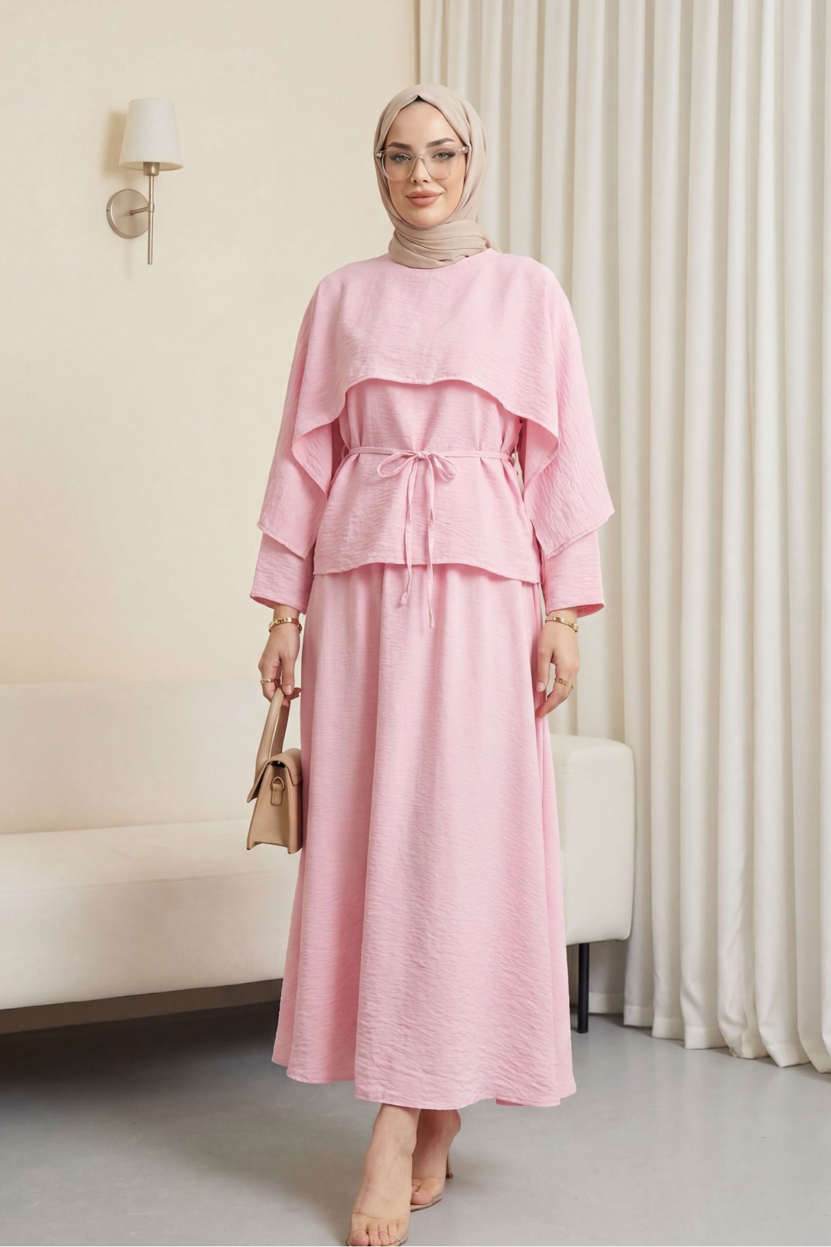Cape Detail, Belted Skirt Cupra Suit -Pink