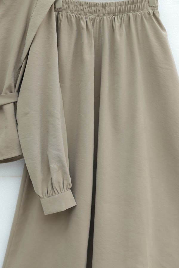 Modal Suit with Padded Shoulder Detail and Belted Skirt with Elastic Waistband -Light coffee