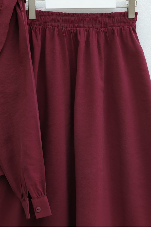 Modal Suit with Padded Shoulder Detail and Belted Skirt with Elastic Waistband -Damson