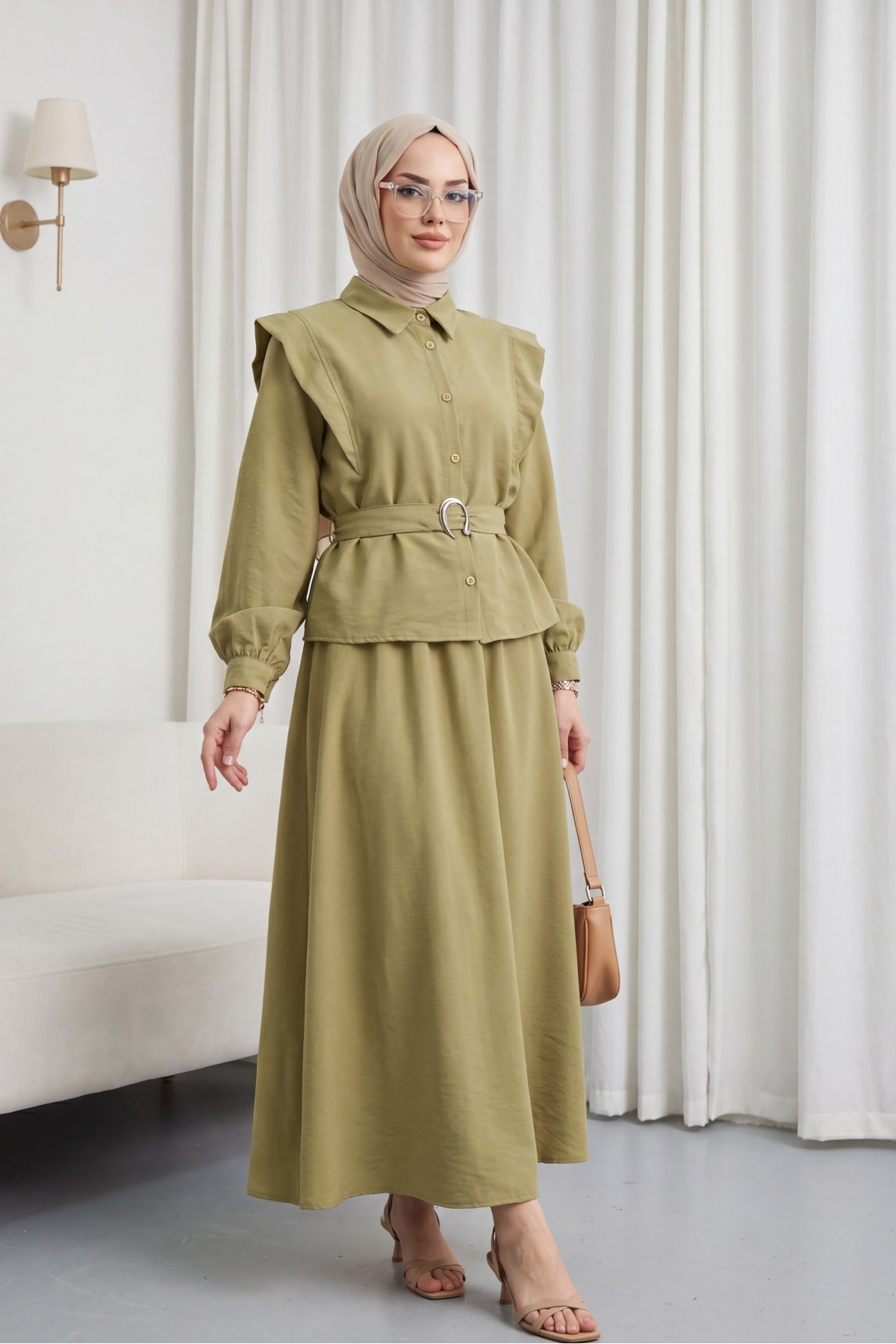Modal Suit with Padded Shoulder Detail and Belted Skirt with Elastic Waistband -Oil Green