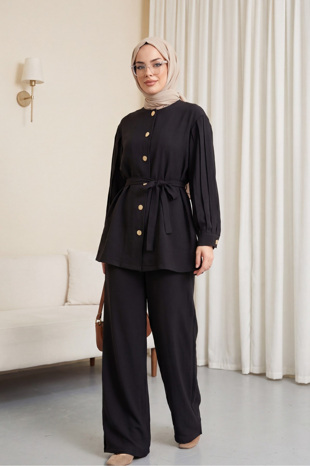 Lena Set with Watermelon Sleeves and Drawstring Waist Trousers -Black