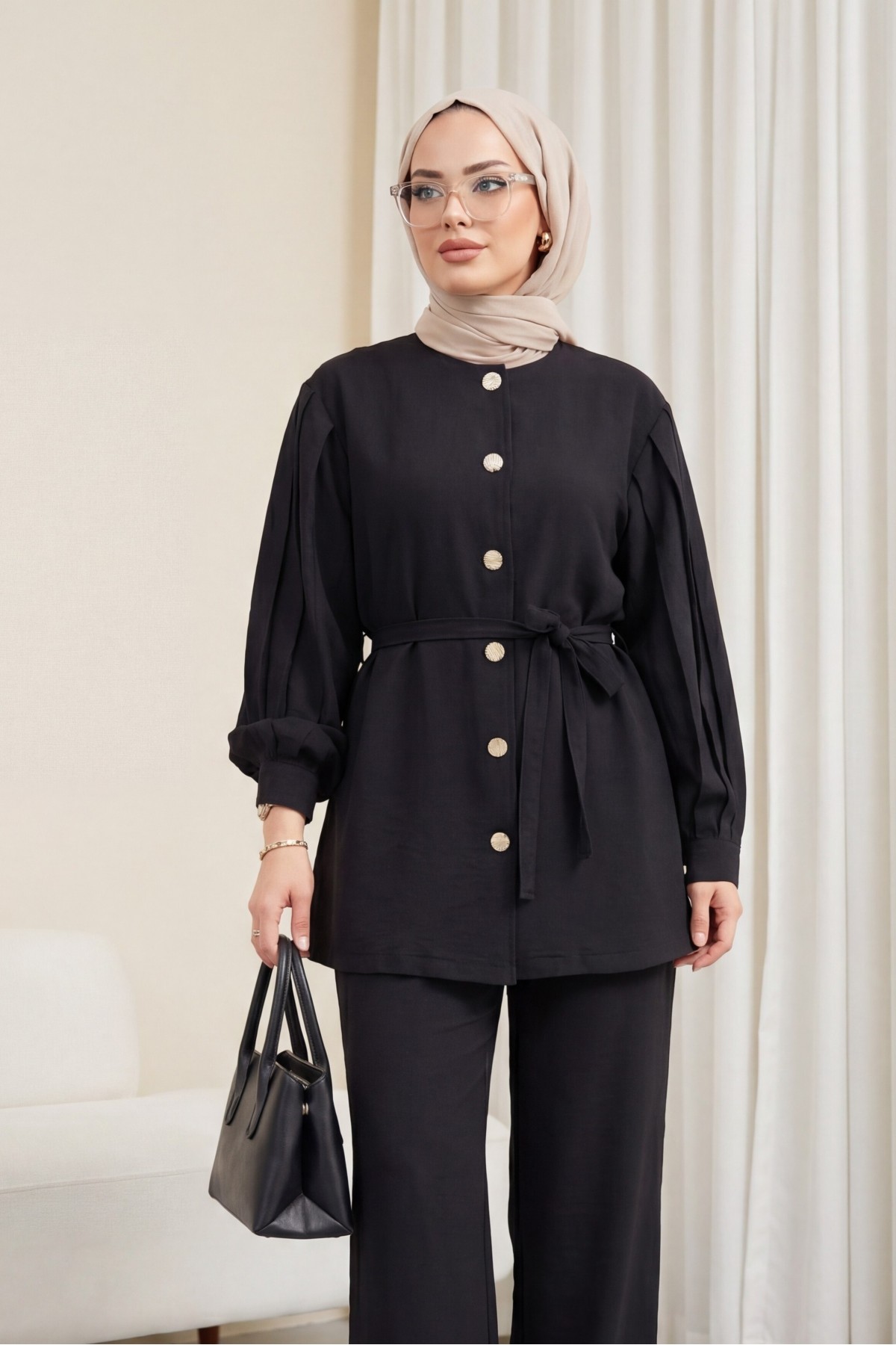 Lena Set with Watermelon Sleeves and Drawstring Waist Trousers -Black