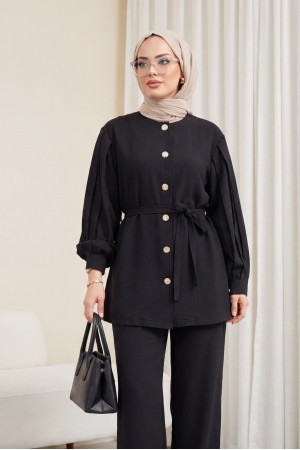 Karpuz Kol Beli Bağcıklı Pantolonlu Lena Takım -Siyah