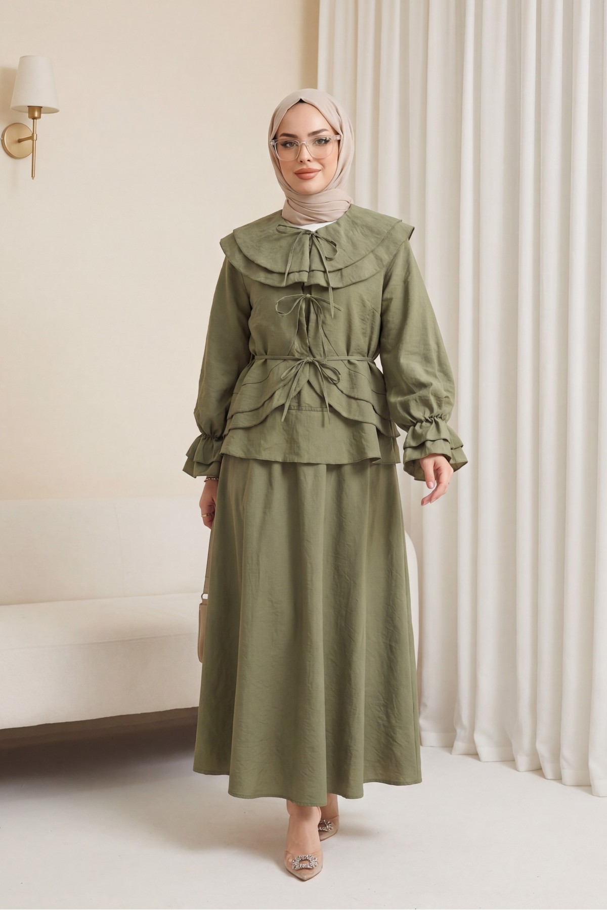 Wide-Neck, Tie-Sleeve, Elasticated Sleeve, Skirted Cupra Suit -Khaki