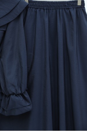 Wide-Neck, Tie-Sleeve, Elasticated Sleeve, Skirted Cupra Suit -Navy blue