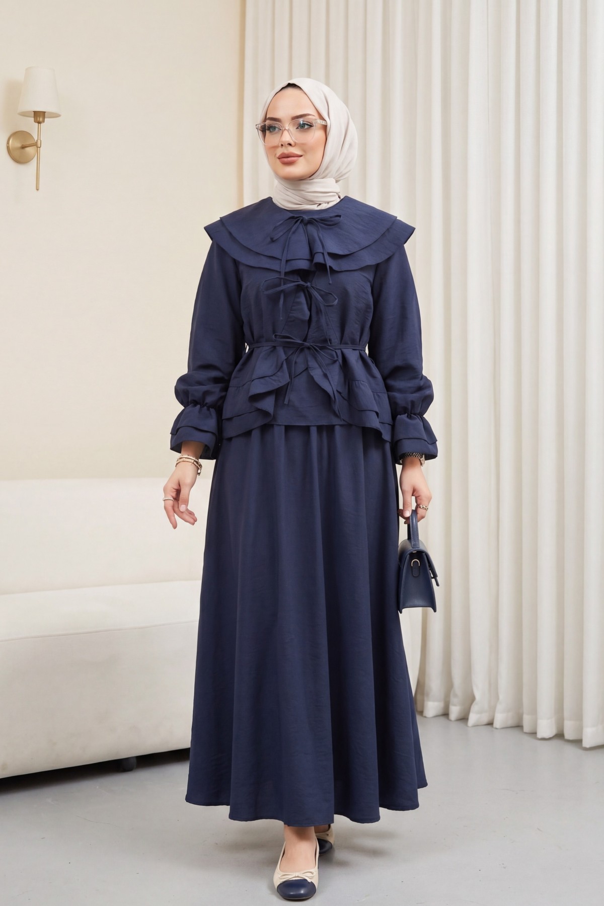Wide-Neck, Tie-Sleeve, Elasticated Sleeve, Skirted Cupra Suit -Navy blue