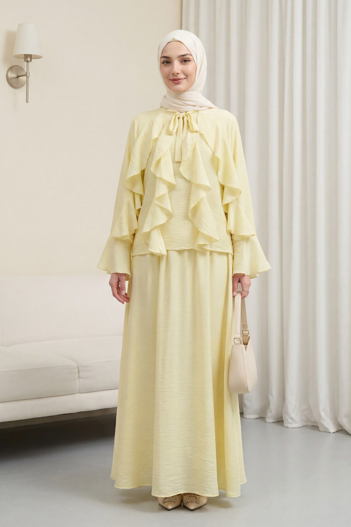 Lace-up Neckline Ruffle Detail Lined Modal Tulle Set -Light yellow