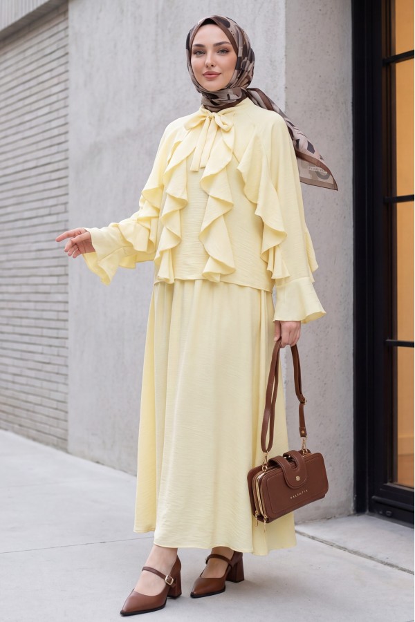 Lace-up Neckline Ruffle Detail Lined Modal Tulle Set -Light yellow