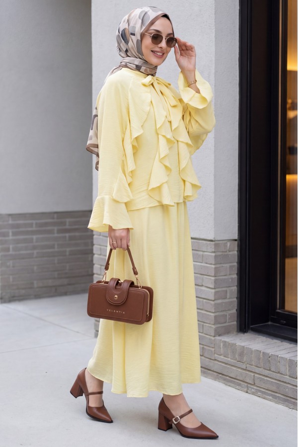 Lace-up Neckline Ruffle Detail Lined Modal Tulle Set -Light yellow