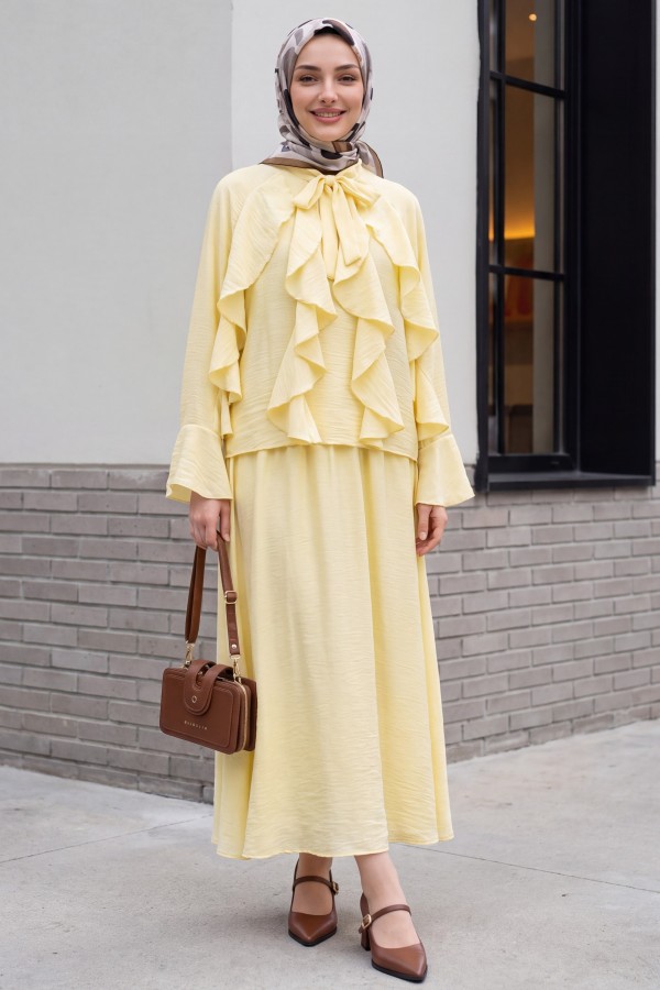 Lace-up Neckline Ruffle Detail Lined Modal Tulle Set -Light yellow