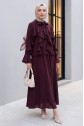 Lace-up Neckline Ruffle Detail Lined Modal Tulle Set -Damson