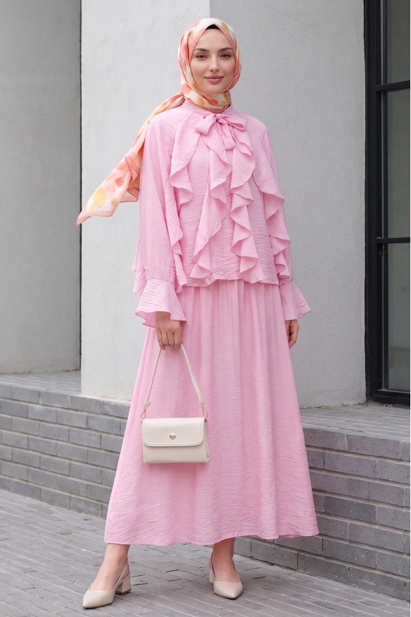 Lace-up Neckline Ruffle Detail Lined Modal Tulle Set -Pink