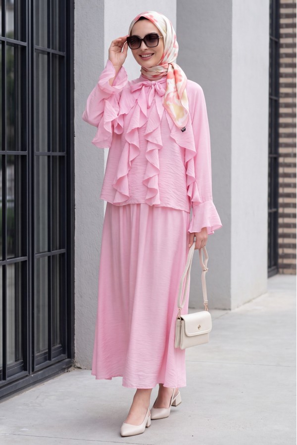 Lace-up Neckline Ruffle Detail Lined Modal Tulle Set -Pink