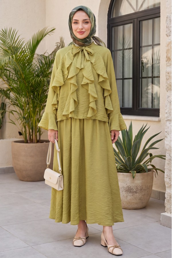 Lace-up Neckline Ruffle Detail Lined Modal Tulle Set -Oil Green