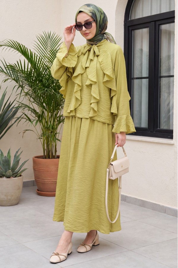 Lace-up Neckline Ruffle Detail Lined Modal Tulle Set -Oil Green