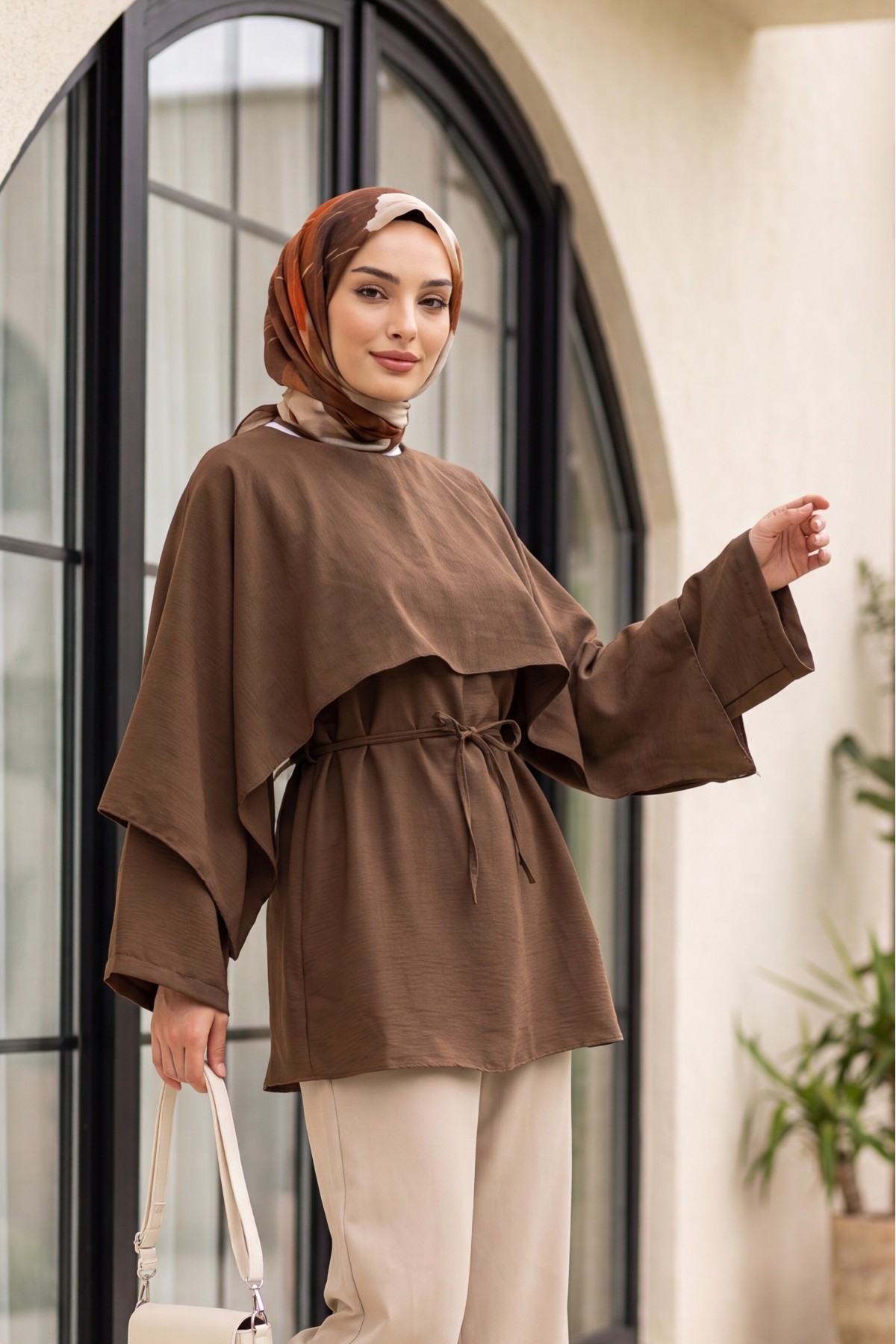 Cape Detail Belted Voile Tunic -Brown