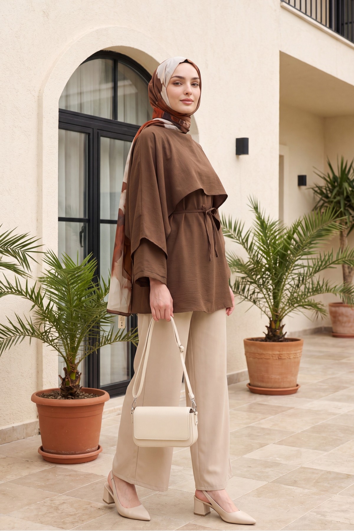Cape Detail Belted Voile Tunic -Brown detay görseli