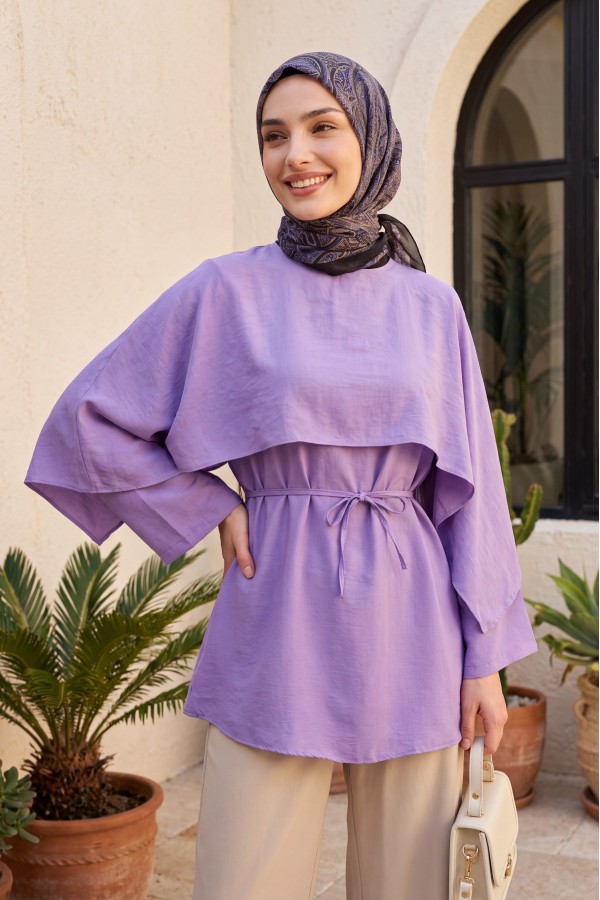 Cape Detail Belted Voile Tunic -Lilac