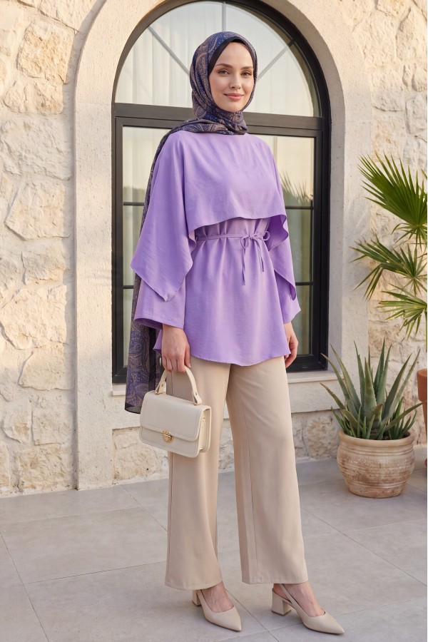 Cape Detail Belted Voile Tunic -Lilac