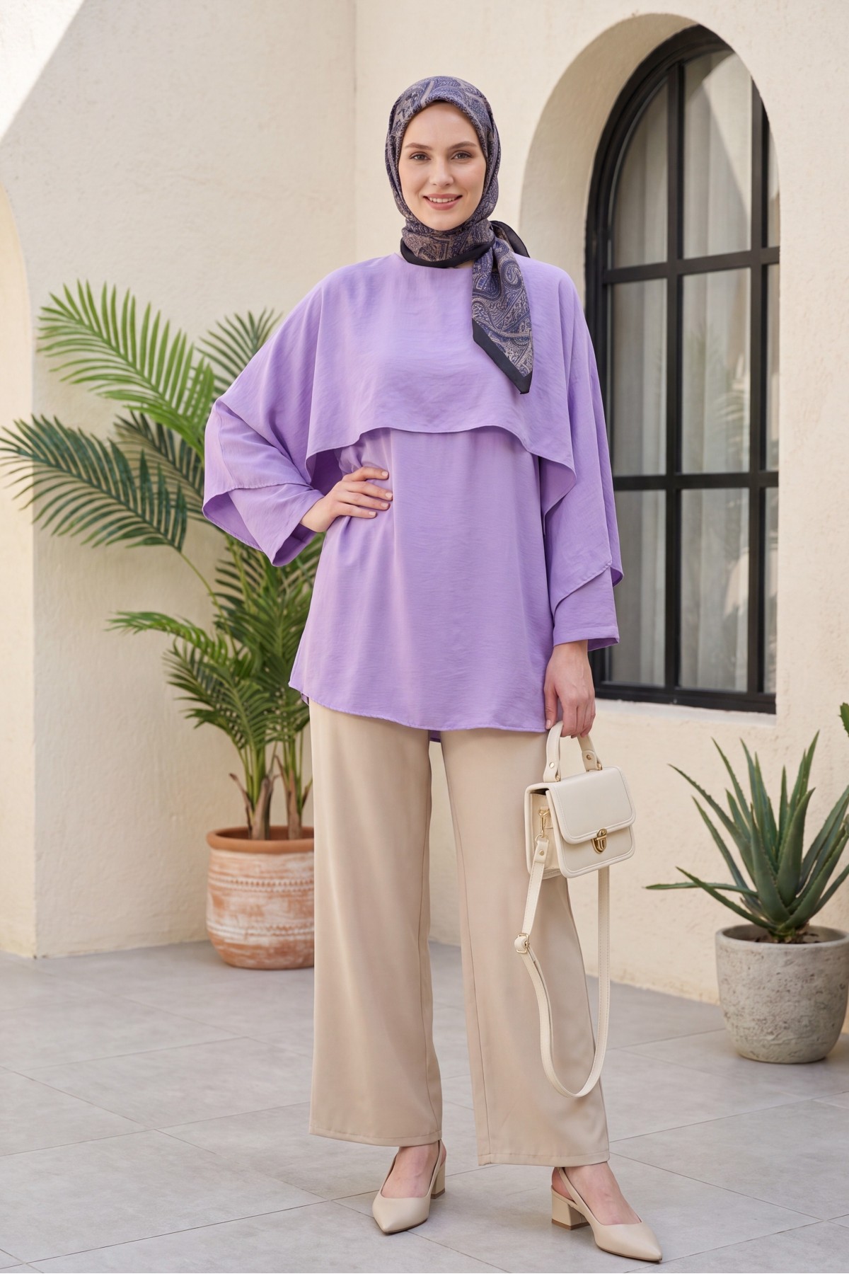 Cape Detail Belted Voile Tunic -Lilac detay görseli